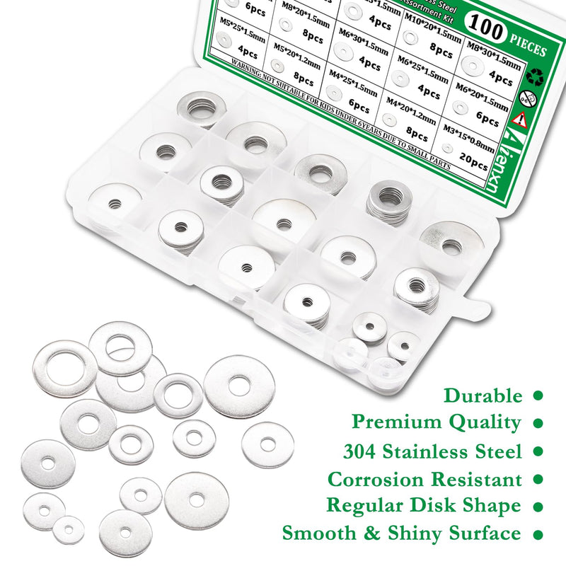 100PCS 304 Stainless Steel Fender Washer Assortment Kit, Washers for Bolts, 15 Metric Sizes Fender Washers for Screws -M3, M4, M5, M6, M8, M10, M12 for Home & Industrial Usage M3-M12 (100PCS)