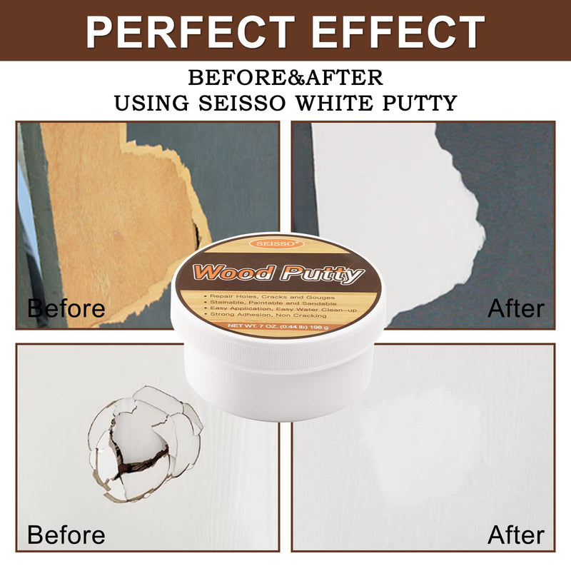 SEISSO Wood Putty, Water-Based Wood Filler, White Wood Putty for Trim, Wood Filler Paintable, Stainable, Wood Furniture Repair kit - Restore Wooden Table, Cabinet, Floors, Door 7 OZ