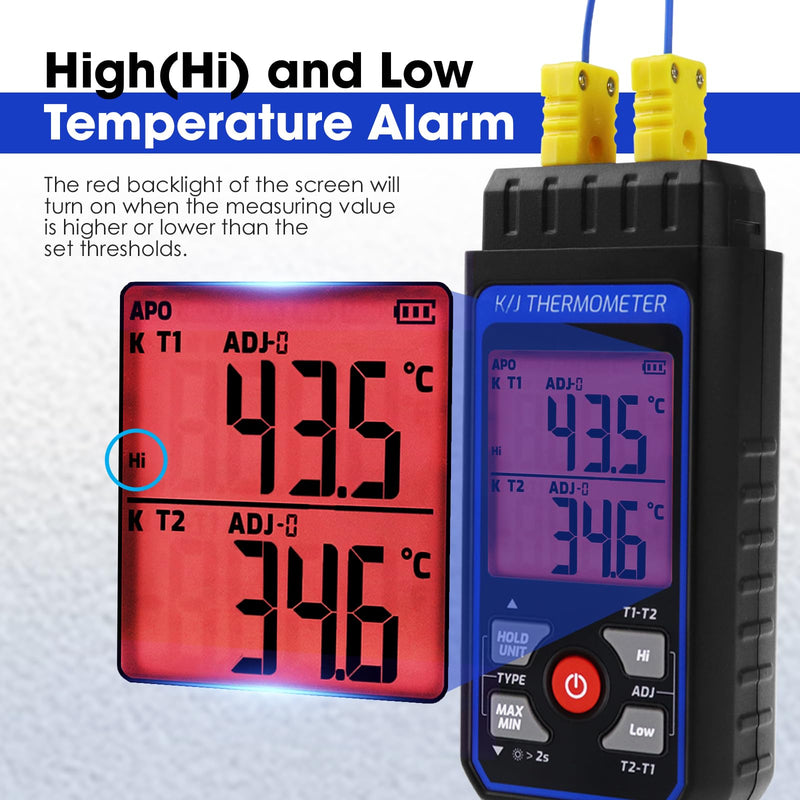 Dual-Channel Digital K J Type Thermocouple Thermometer Pipe Clamp Thermometer, -328°F~2501°F Measuring Range HVAC Temperature Meter with 2 Type K Pipe Clamps & 2 Thermocouples, Alarm, ADJ Compensation