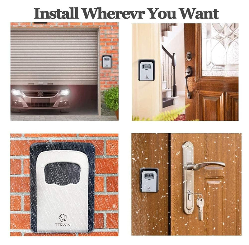 TTRWIN Key Lock Box for Outside, Resettable 4 Digit Combination Waterproof Lockbox, Key Safe Storage Security Lock Box, 5 Keys Large Capacity Wall Mounted LockBox for House Key, ID Card, Garage Key Gray-003 1 Pack