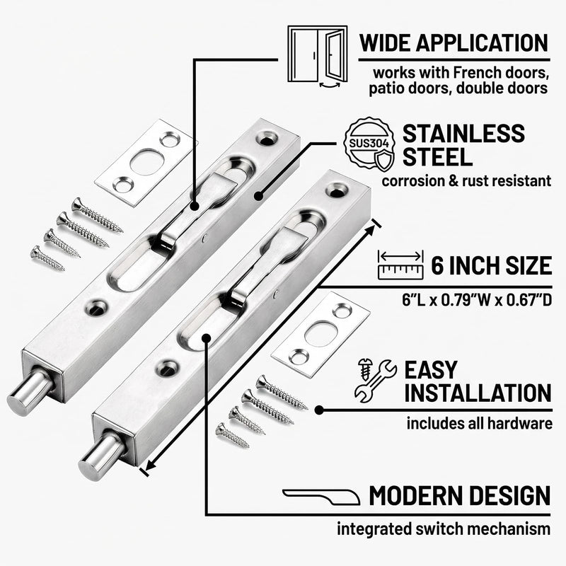 French Door Lock, 6 Inch Heavy Stainless Steel Flush Latch Bolts, Concealed Security Double Door Lock for Inactive Leaf, Double Door Opening and Composite Wood Double Dummy Door (4 PCS Silver) 4 PCS Silver