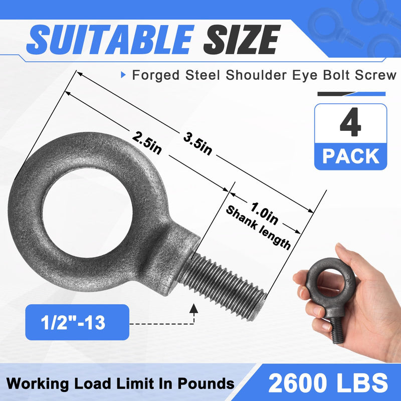 Hicarer Lifting Shoulder Eye Bolt, Industrial Grade Heavy Duty Forged Steel, for Tractor Truck Bucket Use as Towing & Pulling Point(1/2" -13 x 1) 1/2" -13 x 1"