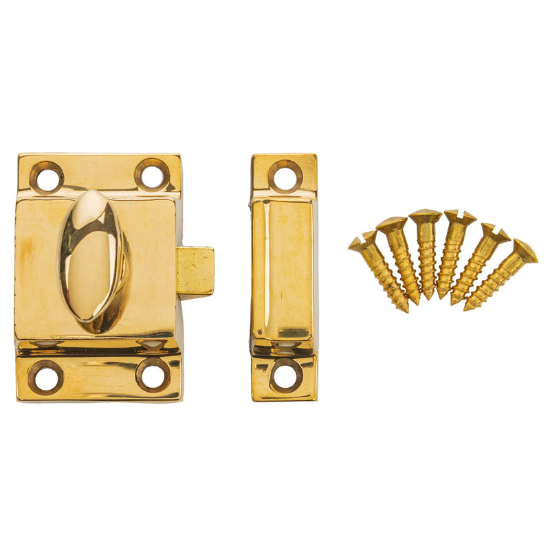 Small Heavy Duty Solid Brass Cabinet Door Latch - 1-3/4" × 1-3/4" - Spring Loaded Cupboard Door Latch with Oval Turn - Vintage Cabinet Hardware | UA-101-LPB