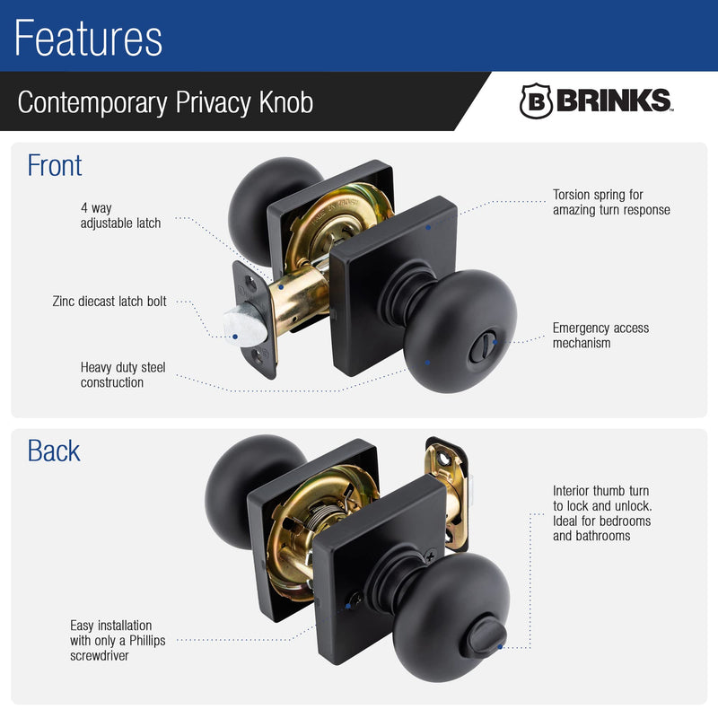 BRINKS – Contemporary Privacy Locking Interior Ball Door Knob, Matte Black - Designed for Sleek and Modern Homes and Blends Seamlessly with Interior Décor (E2436-122) (3 Pack) 3