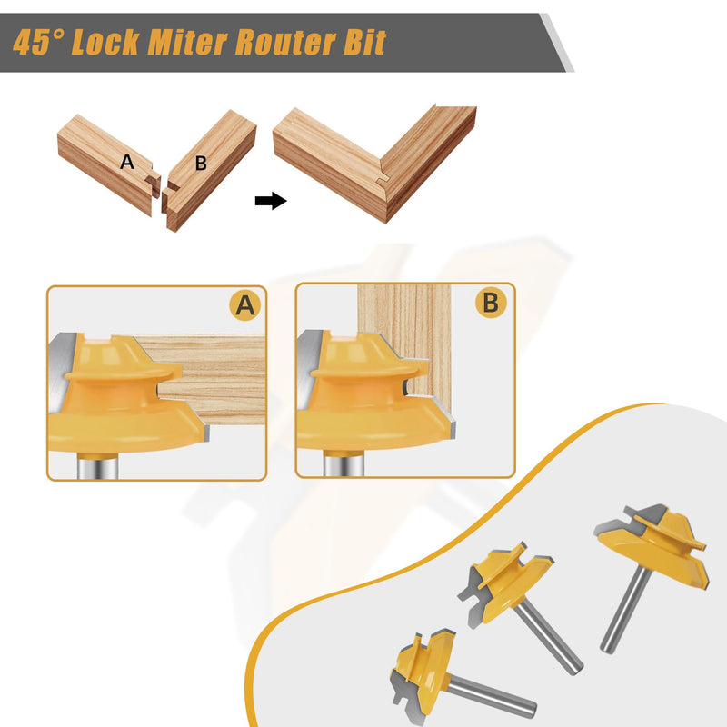 3PCS 45 Degree Lock Miter Router Bit 1/4 Inch Shank, Carbon Steel Joint Router Bits Woodworking Tools for Cabinetry Drawers Shadow Boxes, 3pcs, 1/4" Shank, 3/4" Cutting Height 3/4" * 3pcs