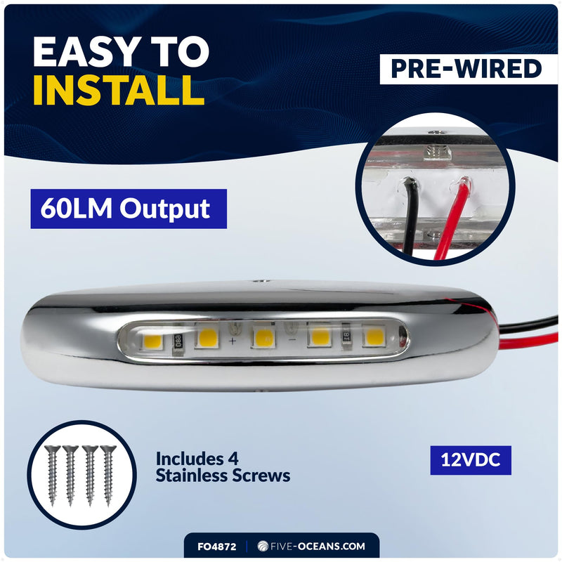 Five Oceans 3-Inch LED Boat Courtesy Light, Warm White, IP67 Waterproof, 12V - 2-Pack, Premium Chrome Plated Zinc Alloy, Marine Interior Lighting for Pontoon, Boat, RV - FO4872 Warm White LED