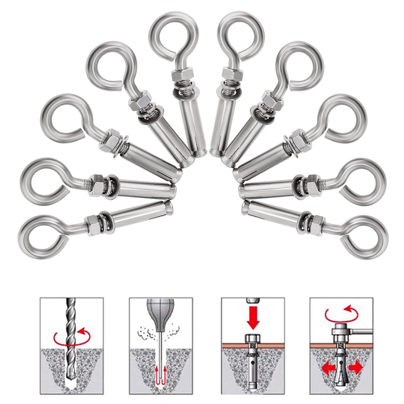 Concrete Eye Bolts 10Pcs, M8 5/16" Eyebolt Bolts Stainless Steel Concrete Anchor Eyebolt Screw Hooks, Heavy Duty Brick Anchors Eyebolts Expansion Screw Lifting Ring Bolt Fastener for Concrete Wall