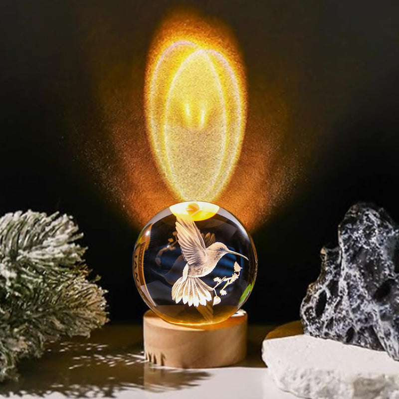 3D Laser Engraved Bird Crystal Ball with LED Stand, 60mm Hummingbird Figurine Lamp Night Light, Glass Hummingbird Globe Paperweight Gift Clear_bird