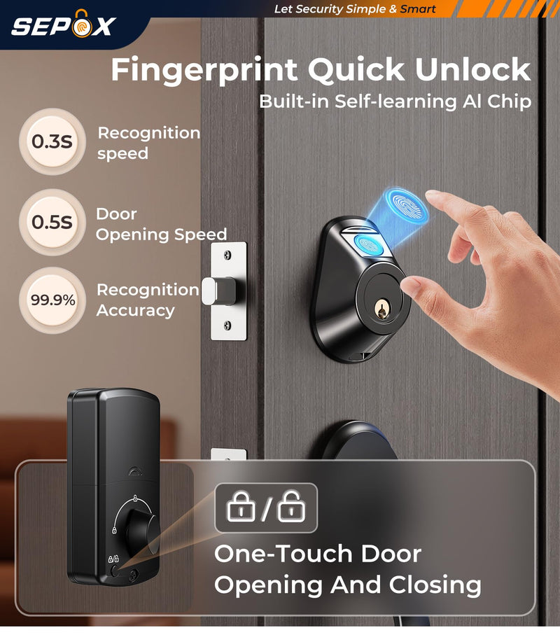 SEPOX® Smart Deadbolt Door Lock, 5-in-1 Keyless Entry (Fingerprint, Bluetooth, WiFi, Tuya APP, Key) Auto Lock/Unlock, Front Gate & Bedroom Compitable, Upgrade Lever & Knob, Unique & Universal Design Matt-Gun-Black 1 Piece