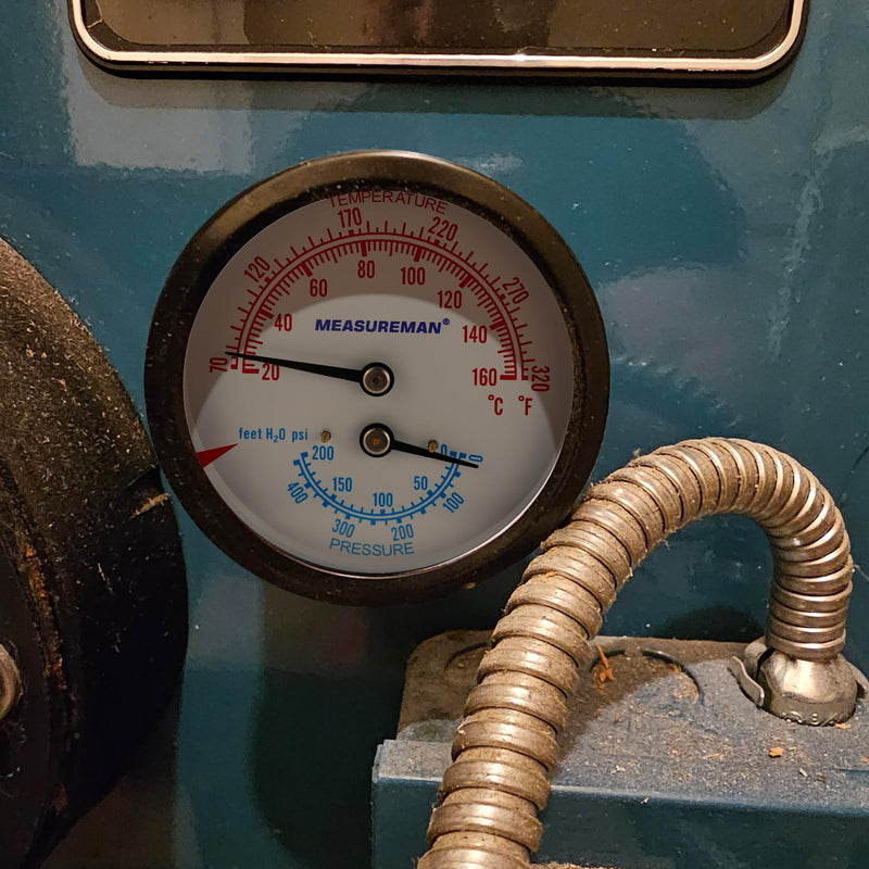 MEASUREMAN Commercial Tridicator Boiler Gauge Kit, 2.5" Dial, 0-200 PSI (ft H₂O) & 70-320°F, 1/4" NPT Back Mount with 1/2" NPT Adapter and O-Ring（2.95'' Stem） 0-200 PSI 60-320°F 2.95'' Stem,with 1/2" NPT Adapter