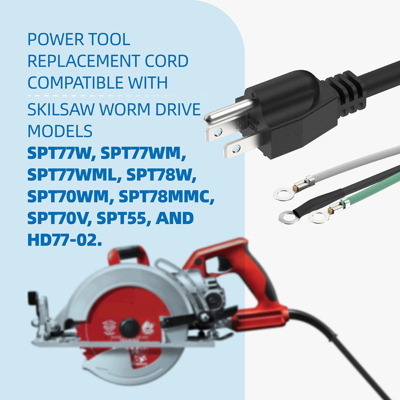 95104L Circular Saw Replacement Cord Assembly - Heavy Gauge Power Cord for SKIL Saw SPT77W, SPT77WM, SPT77WML, SPT78W, SPT70WM, SPT78MMC, SPT70V, SPT55 for Skilsaw Saw Power Cord Part