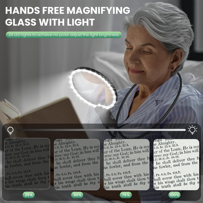 Hands Free Magnifying Glass with Light for Reading, 10X Neck Magnifying Glass with Light for Close Work with Real Glass Lens, Flexible Gooseneck Large Magnifier for Low Vision Elderly and Seniors