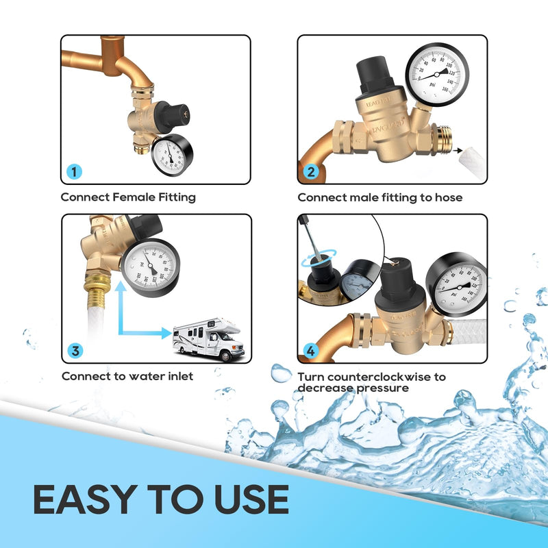 RVGUARD RV Water Pressure Regulator Valve, Lead-Free Brass Adjustable Water Pressure Reducer with Gauge and Inlet Screen Filter for RV Camper Travel Trailer