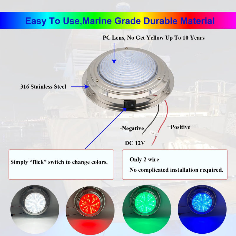 Marine Boat Dome Lights, 7 Inch RGBW LED Cabin Light with Toggle Switch, 12V Interior Lamp with Stainless Steel Surface Mount
