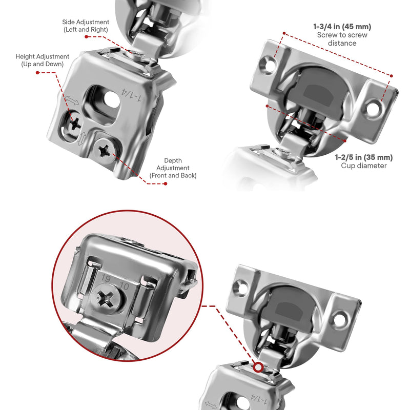 Berta 4-Pack, 1-1/4 inch Overlay Soft Closing Face Frame Cabinet Hinges, 105 Degree 6-Ways 3-Cam Adjustment Concealed Kitchen Cabinet Door Hinges with Screws (1-1/4 in. Overlay, 4 Pieces) 1-1/4 in. Overlay