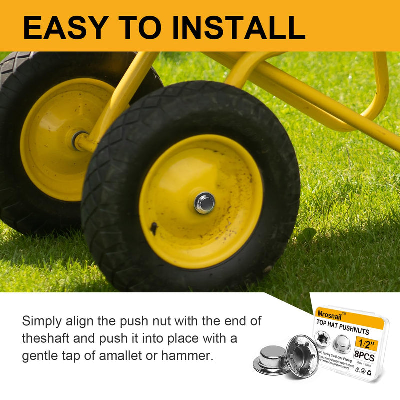 8PCS 1/2” Push Nuts Axle Cap, Push on Pushnut Spring Steel Permanent Washer Caps with Zinc Mech Finish for Hand Trucks, Rolling Bins, Lawn Wagons – Reliable Alternative to Cotter Pins 8pcs 1/2“