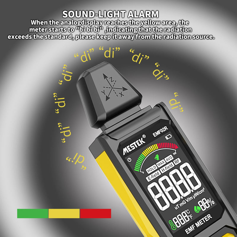 EMF Detector, MESTEK 5 in 1 EMF Meter Radiation Detector, Electric Field, Radio Frequency Field Temperature, Magnetic Field Strength Meter, Rechargeable EMF Reader Home EMF Detection and Ghost Hunting EMF02R-Yellow
