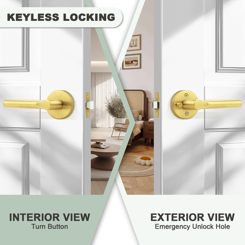 knobelite Gold Privacy Door Handles Interior Keyless Door Lever,Left & Right Hand use Door Lock for Bath and Bed,Modern Stainless Steel Privacy Door Lock,2Pack 2
