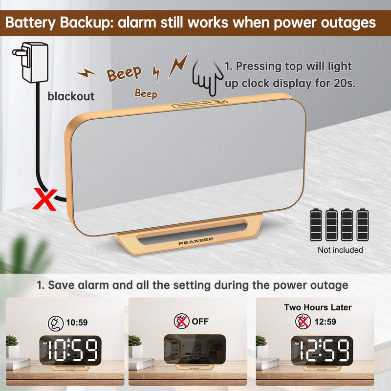 Peakeep Slim Digital Mirror Aesthetic Alarm Clock for Bedrooms Desk Decor - Plug in Electric Big LED Modern Small Clock for Office Living Room, Battery Backup, 6 Dimmers (Gold) Gold With Mirror