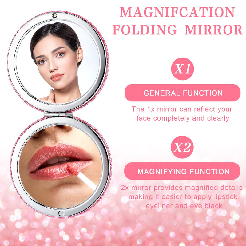 Weysat 12 Pcs Cute Pink Compact Mirrors for Women Galentine's Day, Small Magnifying Travel Makeup Mirror with Glitter, Mini Double-Sided Portable 2x/1x Magnification Folding Pocket, PU Leather, Gift