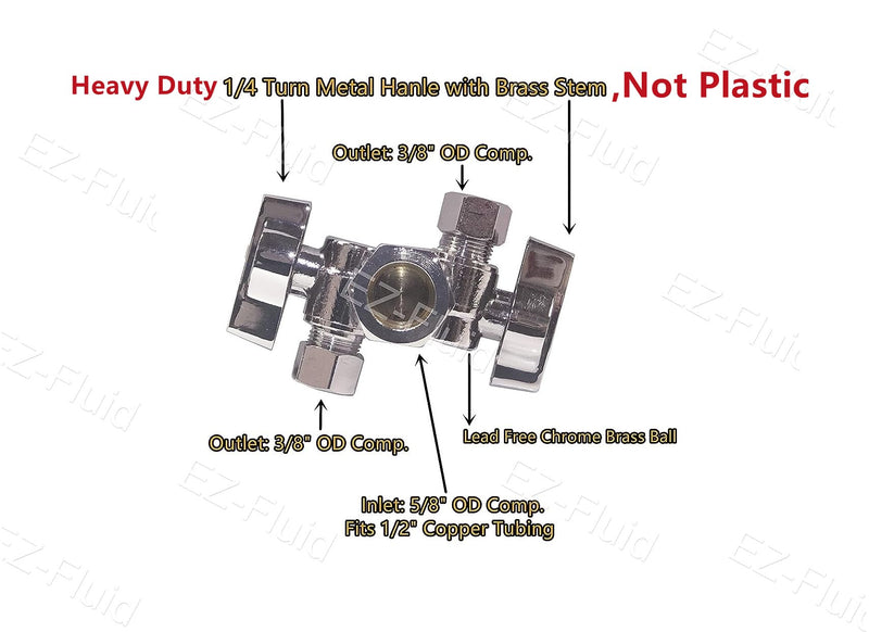 EZ-Fluid 5/8" Comp O.D X 3/8" Comp X 3/8" Comp 1/4 Turn Double Metal Two Handles Chrome Brass Angle Stop Valve Water Shut Off Ball Valve For Water Pipes LF,Faucet Toilet Valve,Dishwasher,Filter(1)