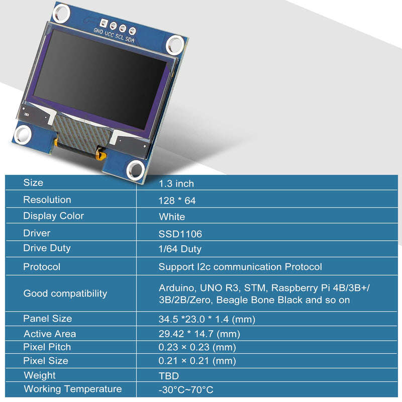 MakerFocus 2pcs 1.3 Inch I2C IIC OLED Display Module 128 x 64 Pixel SSD1306 Self-Luminous Display Board for Arduino/Raspberry Pi/ESP32 2