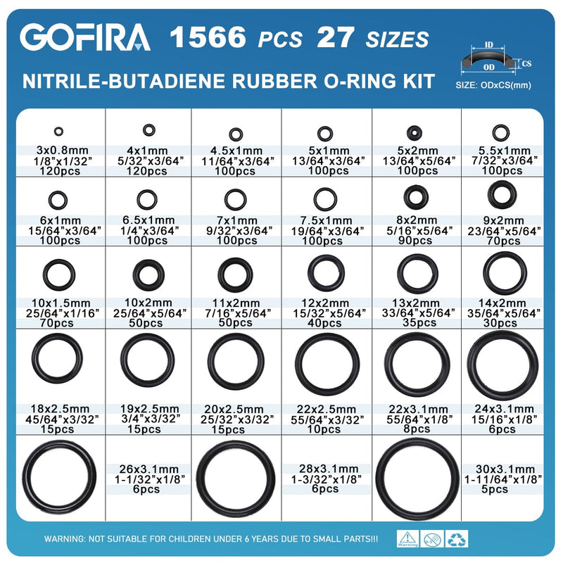 1566Pcs of 27 Varieties of O-Ring Seal Kit in Nitrile Rubber Material for Automotive, Plumbing, Air & Water Fitting Seal Leak Repair