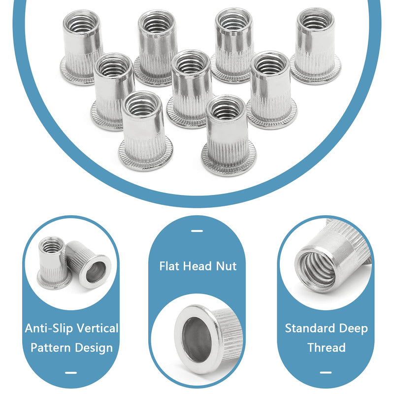 20PCS 5/16"-18 Stainless Steel Threaded Insert Rivet Nut, 5/16-18UNC Rivnuts Flat Head Rivets, Knurled Nutsert Screws Blind Nut 5/16"-18, 20 Pack 304 Stainless Steel