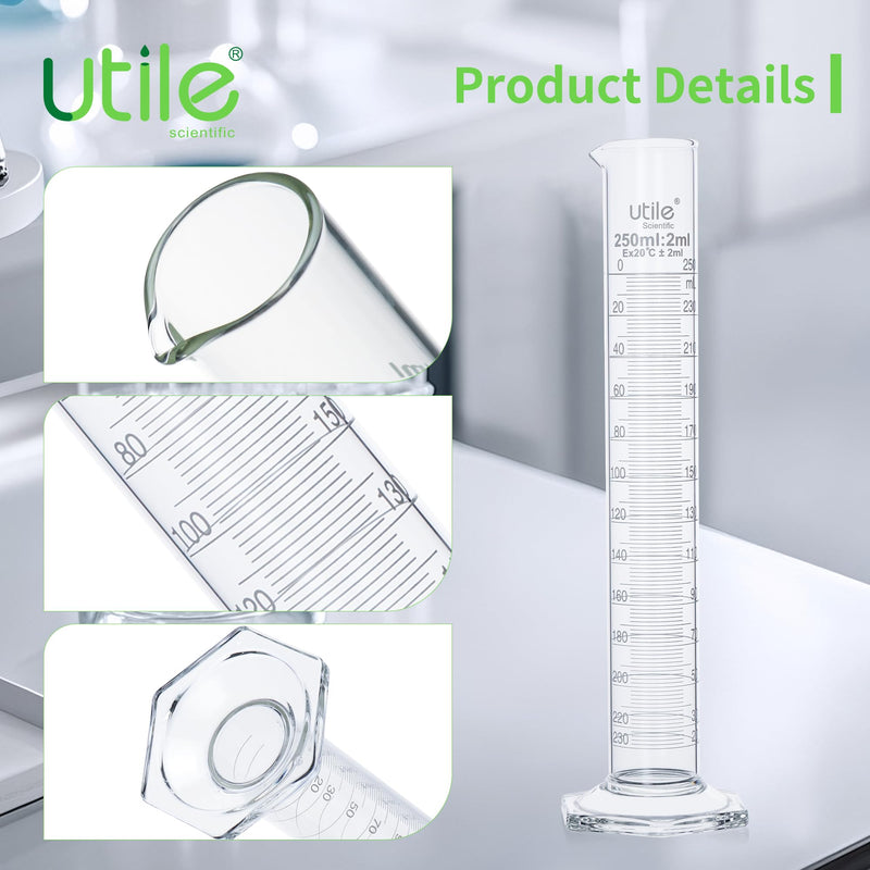 Utile 2 PCS Glass Graduated Cylinder Set 250ml, 3.3 Borosilicate Glass Cylinder with Glass hex Base,Lab Cylinders Glass Measuring Cylinder, 4202.0250.2 2pcs of 250ml