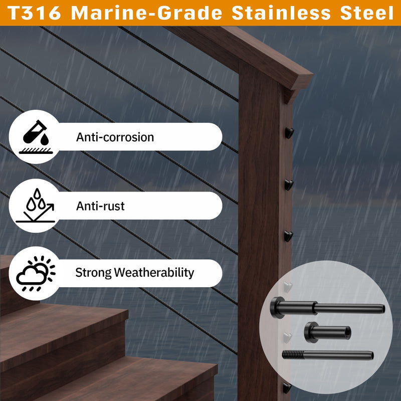 Black Cable Railing Hardware - 40 Pack 1/8" T316 Stainless Steel Invisible Receiver Swage Stud End for 2"x2" Wood Metal Post - Deck Cable Railing Kit