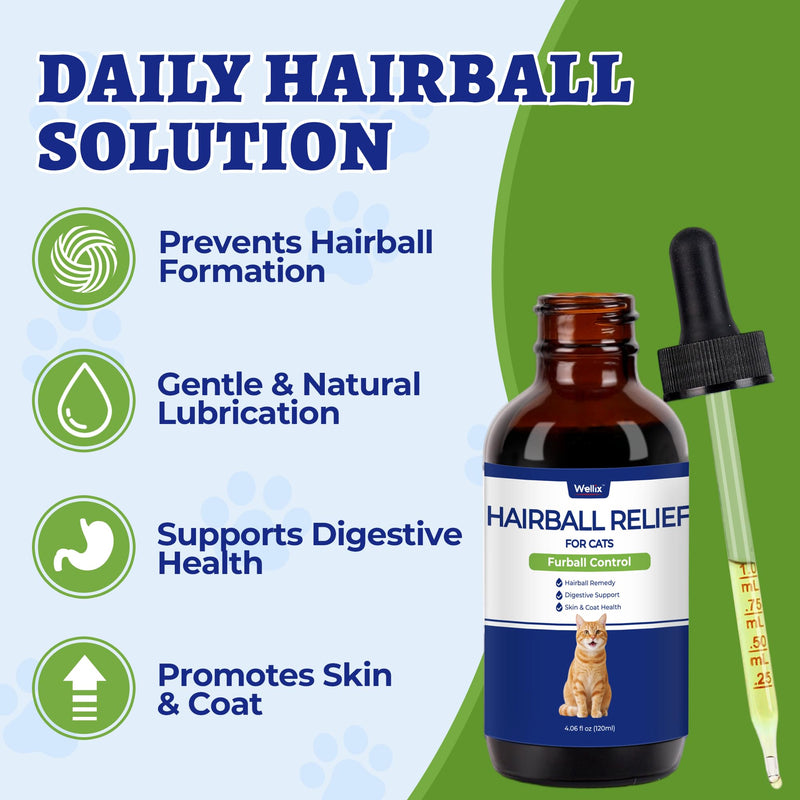 Wellix 120ml Cat Hairball Remedy Drops, Hairball Treatment & Relief for Cats, Natural Cat Furball Control Treats with Psyllium Husk, Omega 3, Support Skin & Coat, Digestive Health-Chicken Flavor Hairball Control