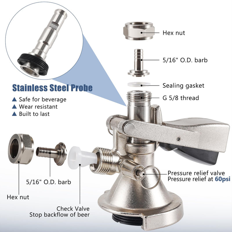 A type Keg Coupler German Slider A System Keg Coupler Stainless Steel Probe Beer Keg Tap for German A system Keg Coupler with Relief Valve Beer Barrel Coupler Kegerator Parts Includes stainless steel clamps