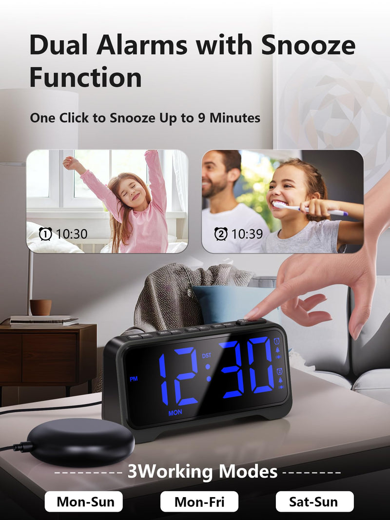 Mesqool Extra-Loud Alarm Clock with Bed Shaker for Heavy Sleepers, Vibrating & Buzzer Modes, Dual Alarms, USB Charging, Snooze & Battery Backup for Adults, Teens, Seniors Blue Digits With Bed Shaker