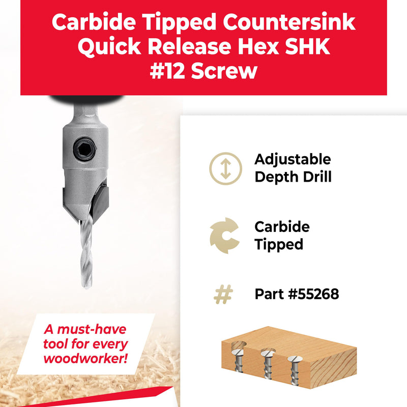 Amana Tool Carbide Tipped 82 Degree Countersink Drill Bit, 55268, 1/2 D x 49 Deg x 1/4 Quick Release Hex Shank for Wood Screw 12
