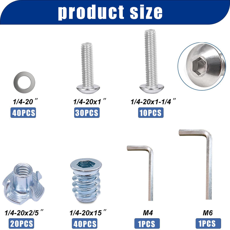 Taiss 140PCS 1/4-20 Threaded Inserts for Wood,T Nuts,1/4-20x 1", 1-1/4" Bolts Button Head Socket Cap Screws Fully Threaded and 1/4-20 Washers with Hex Wrench F-116-140PCS