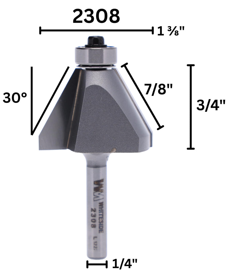 Whiteside 2308 Edge Bevel Router Bit: 30 Degree Angle, 7/8 Inch Cutting Length, 3/4 Inch Cutting Height, 1/4 Inch Shank, 1-3/8 Inch Large Diameter