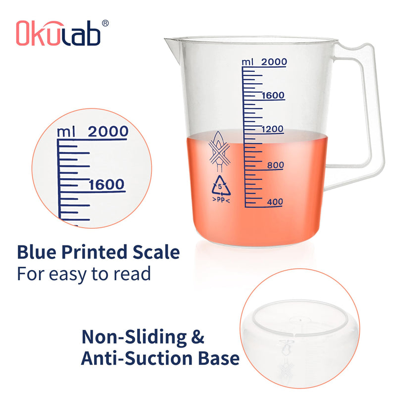 Plastic Beaker Set, 2000ml Measuring Beakers with Handle and Spout, 67.6oz Measure Pitcher with Blue Printed Scales for DIY, Petrol Filling, Swimming Pools and Lawns, BKAP2000A1 1 pc of 2000ml