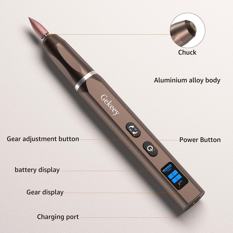 Gekeey Electric Engraving Pen, Cordless Rechargeable Mini Rotary Tool with 42 Bits, Aluminum Body, Variable Speed, Portable Engraver Pen for Metal Wood Glass and Plastic, Brown