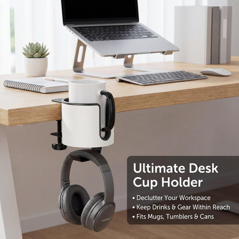 GUNKING Luxury 2-in-1 Anti-Spill Cup Holder with Under Desk Headphone Hanger (White) WHITE