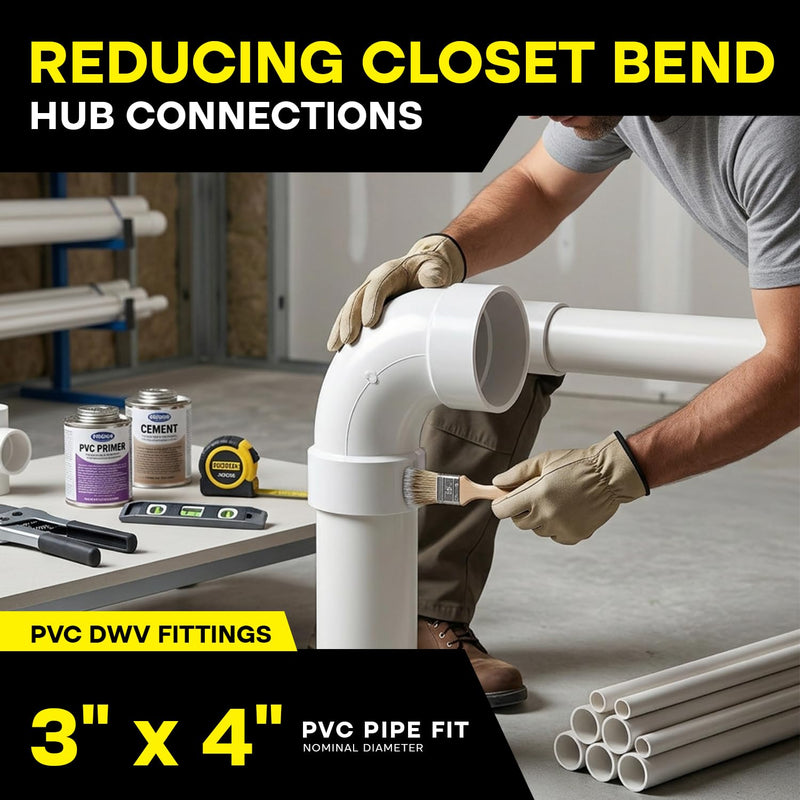 SUPPLYGIANT™ (10 Pack) 3" x 4" PVC DWV Closet Bend Reducing Elbow – Hub x Hub Fitting for Toilet Waste Connection, White