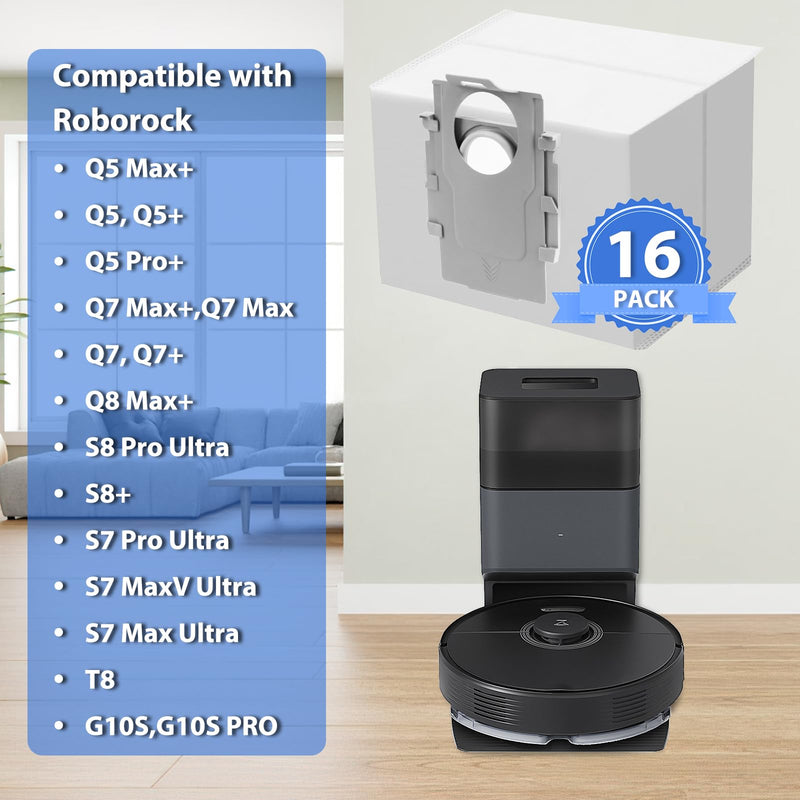 16 Pack Q5 Dust Bag for Roborock S8+, S8 Pro Ultra, Q7 Max+/Max, Q5 Max+, Q8 Max+, S7 Pro Ultra, Q5, Q5+, Q5 Pro+, Q7, Q7+, S7 MaxV Ultra, S7 Max Ultra Robot Vacuum, 3.5L Large Capacity Disposable Bag 16 pack
