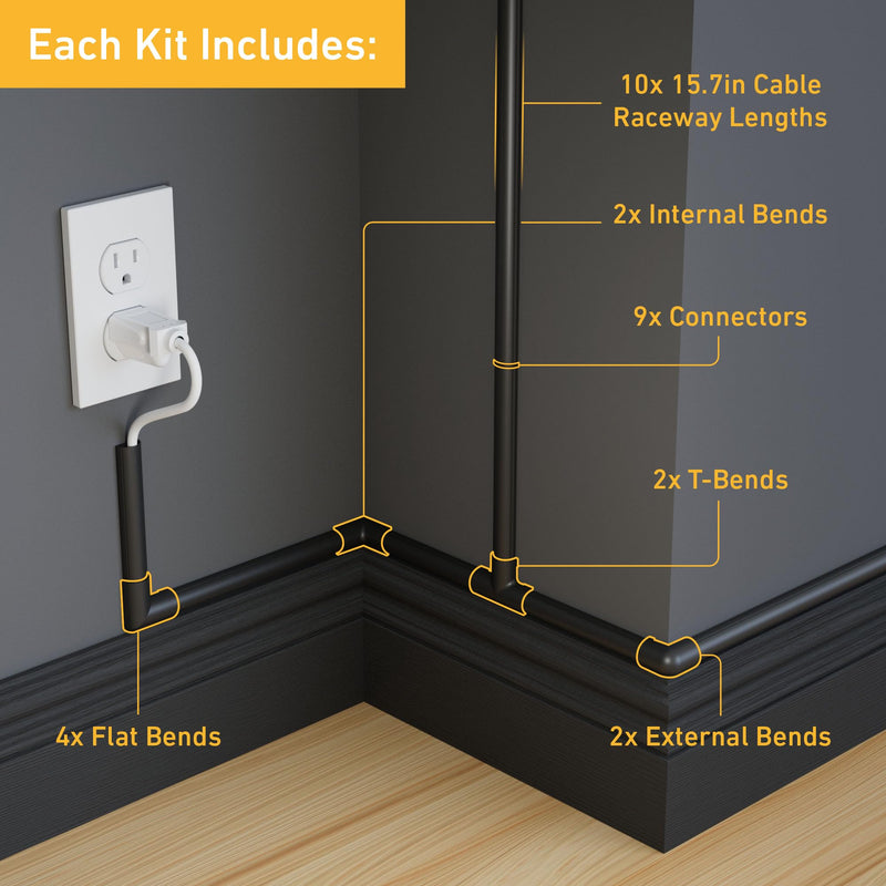 D-Line 157in Cord Hider Kit, Patented Cable Cover, Hide Wires on Wall, Channel for TV Mount Cords, Raceway Wire Hiders, Paintable, Adhesive, Half Round, 10x 0.78in W x 0.39in H x 15.7in L, Black 0.78in (W) x 0.39in (H)
