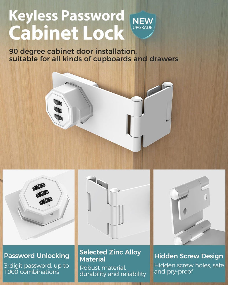 90 Degree Cabinet Combination Door Lock Latch, Zinc Alloy Password Rotary Hasp Lock, Keyless Folding Latches for Office File Cabinet, Drawers, Cupboard, Small Doors, Locker (2, White) 2