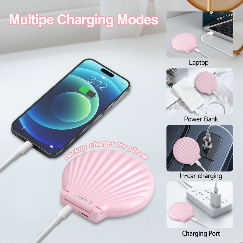 Compact Makeup Mirror with Lights - 3.5" Portable, 2-Sided, Lightweight & Shatterproof, Folding Magnifying Mirror 2X/10X, Small Gift for Women Pink