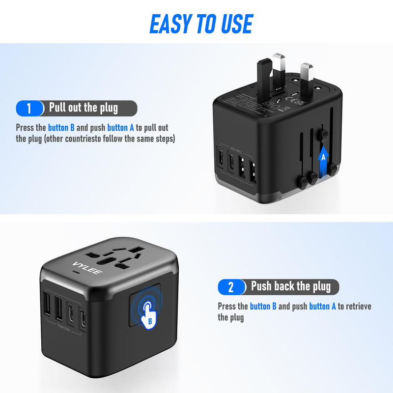 Universal International Power Travel Plug Adapter, 5 in 1 European Travel Plug Adapter W/ 3.5A 2xUSB-A and 2xUSB C Wall Charger and Worldwide AC Outlet for Europe USA UK AUS Asia (Black Grey) Regular Black Grey