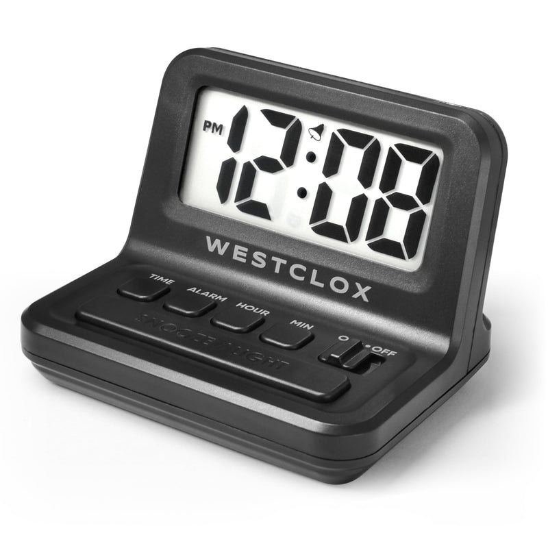 Westclox LCD Digital Bedside Alarm Clock with White Backlit Display and Snooze Function, Battery Operated, (Black, 3-Inch) Black
