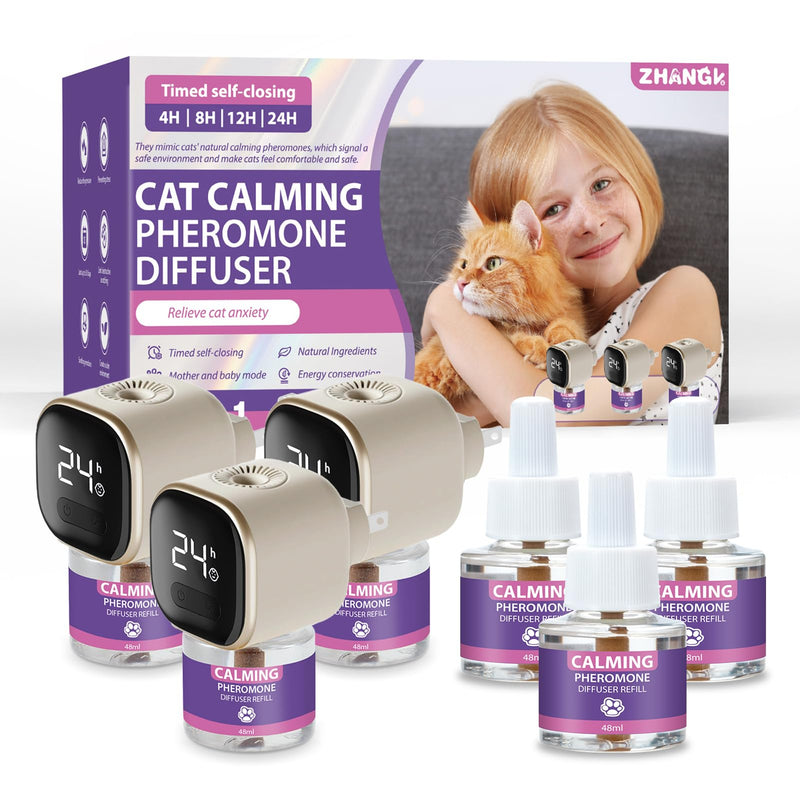 Cat Calming Diffuser Kit with Timer And Memory Adjustable 4/8/12/24H Cat Pheromone Diffuser 3-Pack (48ml Each) Helps Reduce Stress, Spraying, Fighting, Excessive Meowing & Scratching Fits All Cats Beige