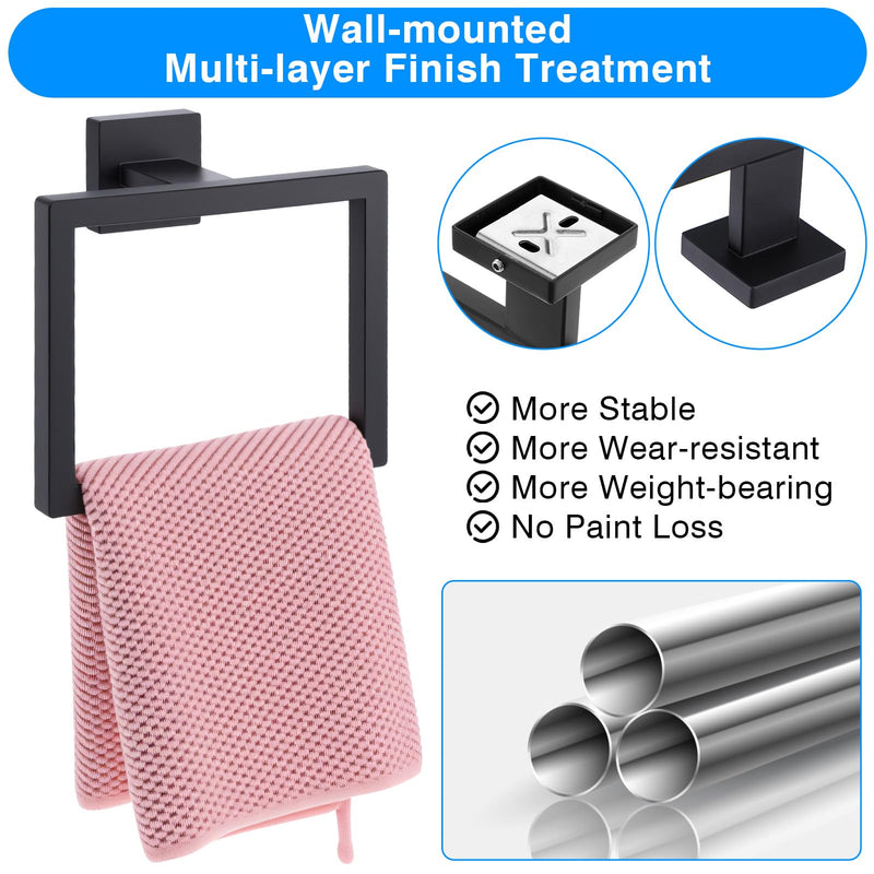 2 Pack Matte Black Towel Ring, Stainless Steel Hand Towel Holder, Modern Square Wall Mounted Bathroom Rack Hangers
