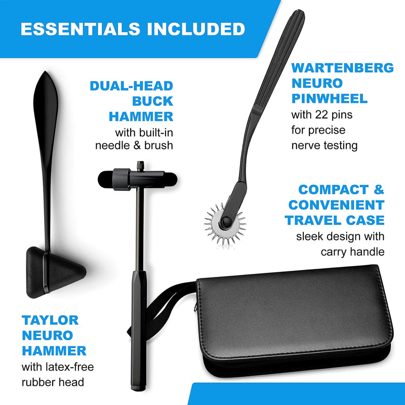 Primacare DH-3694 Reflex Hammer Set – 3-Piece Neurological Diagnostic Kit with Neuro Buck Hammer, Taylor Reflex Hammer, Wartenberg Wheel & Carrying Case Included