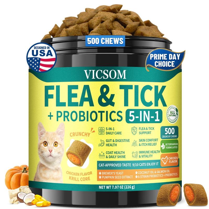 Flea and Tick Prevention for Cats, 500 Crunchy & Krill Chews with Probiotics for Cats, Cat Flea Chews with Gut & Digestive Support, Skin & Coat Support for All Breeds & Ages, Chicken Flavor